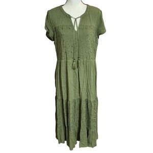 Kate & Sam Olive Midi Dress with Chest Tie Detail Tiered Eyelet Short Sleeve